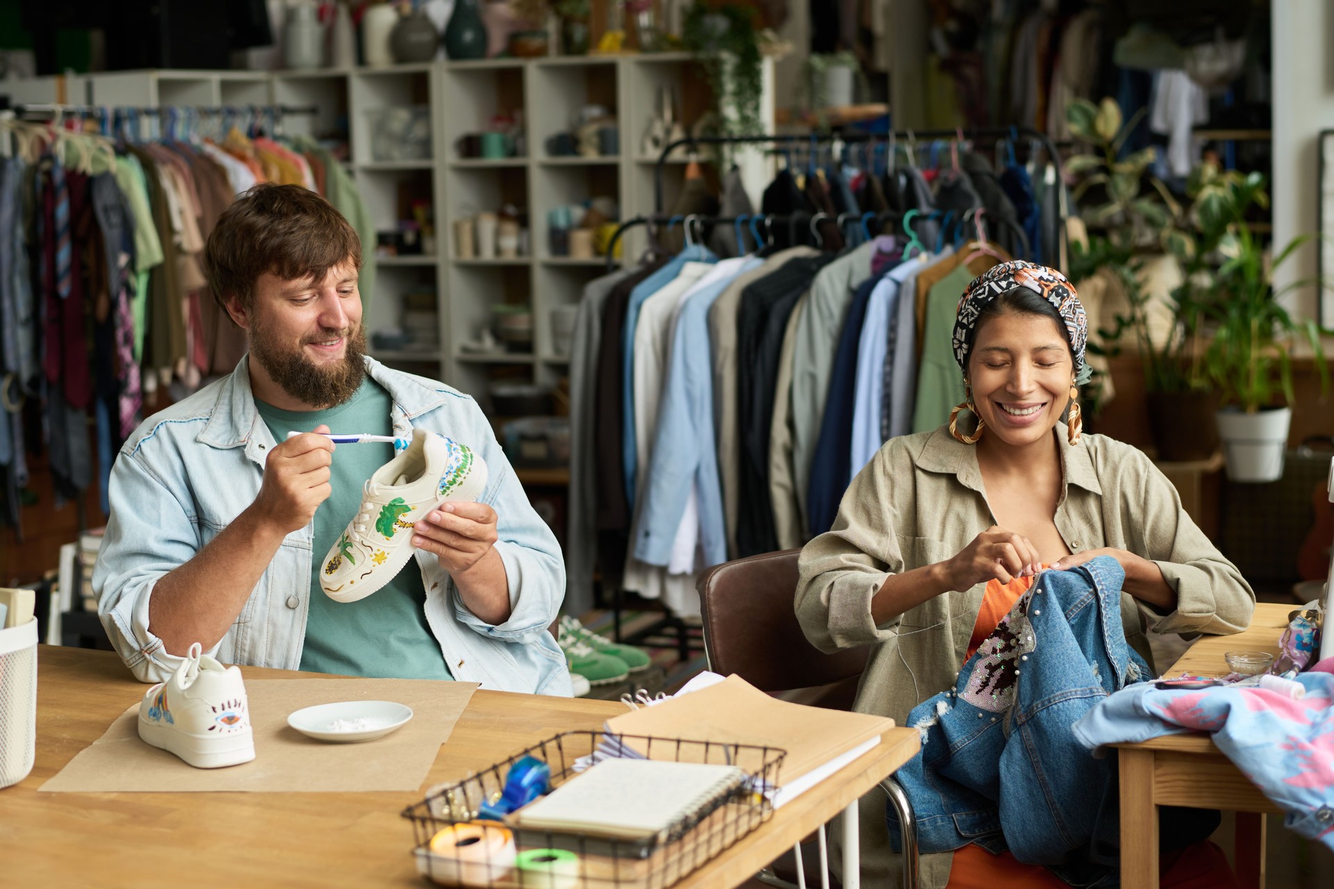 Upcycling denim jacket and cross shoes